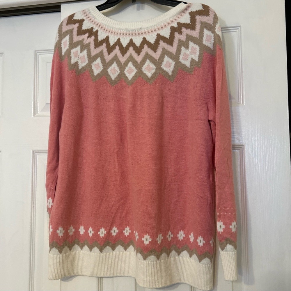 Women Talbots Fair Isle  Lambwool Blend Sweater Size 1x Knit Pink Pastel Ivory